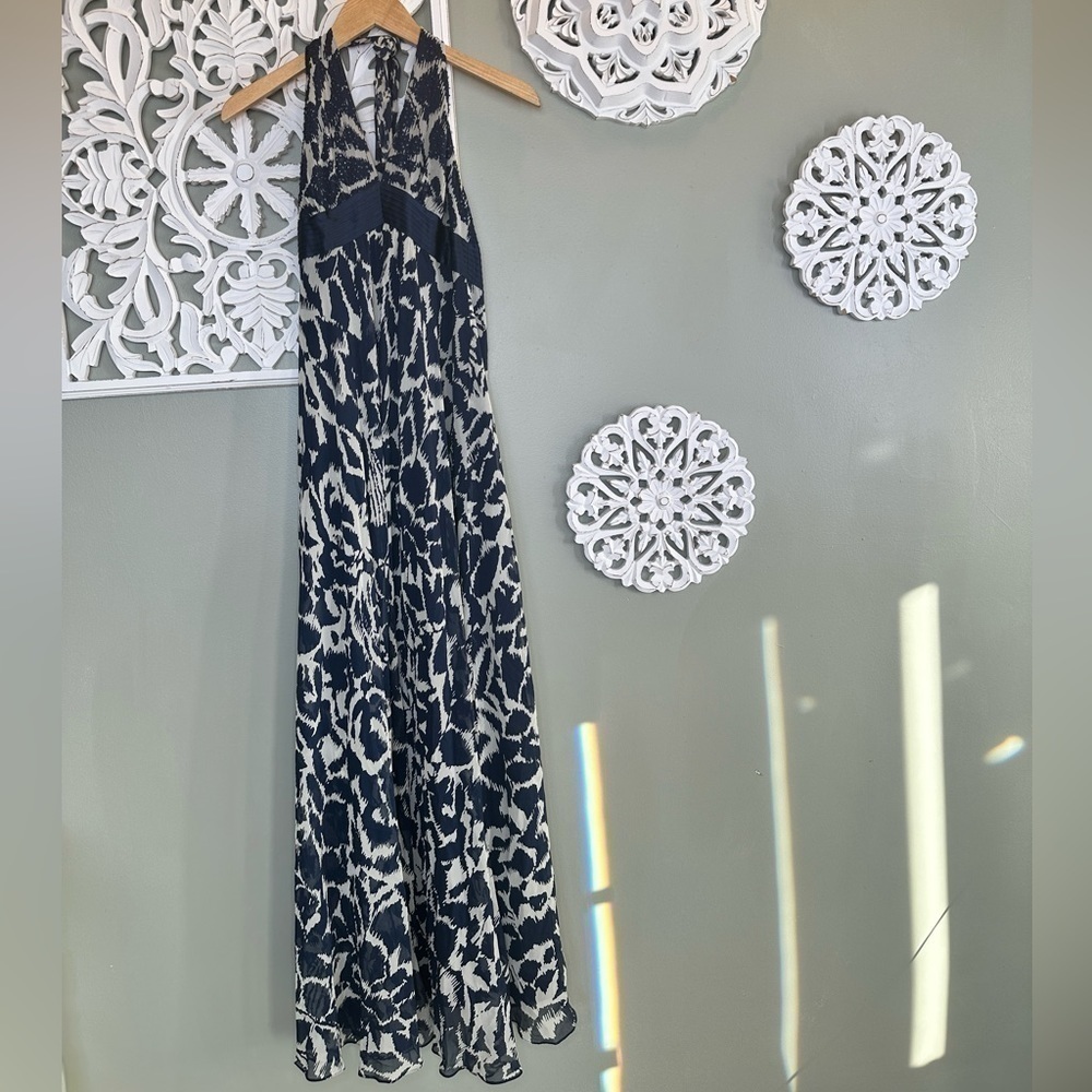 BCBGMaxAzria Silk Blue Floral Halter Dress Navy Midnight